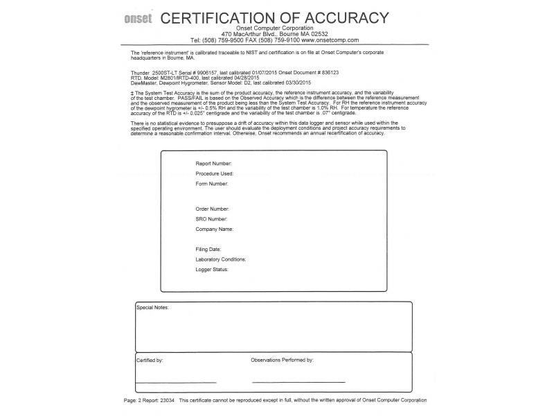 Initial Purchase RH NIST Calibration Service Certification